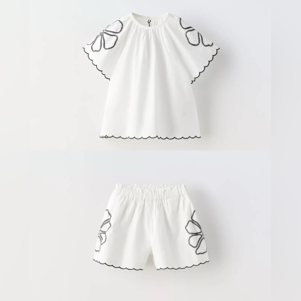 Zara Kids embroidered poplin cotton short and shirt set white black 5/6